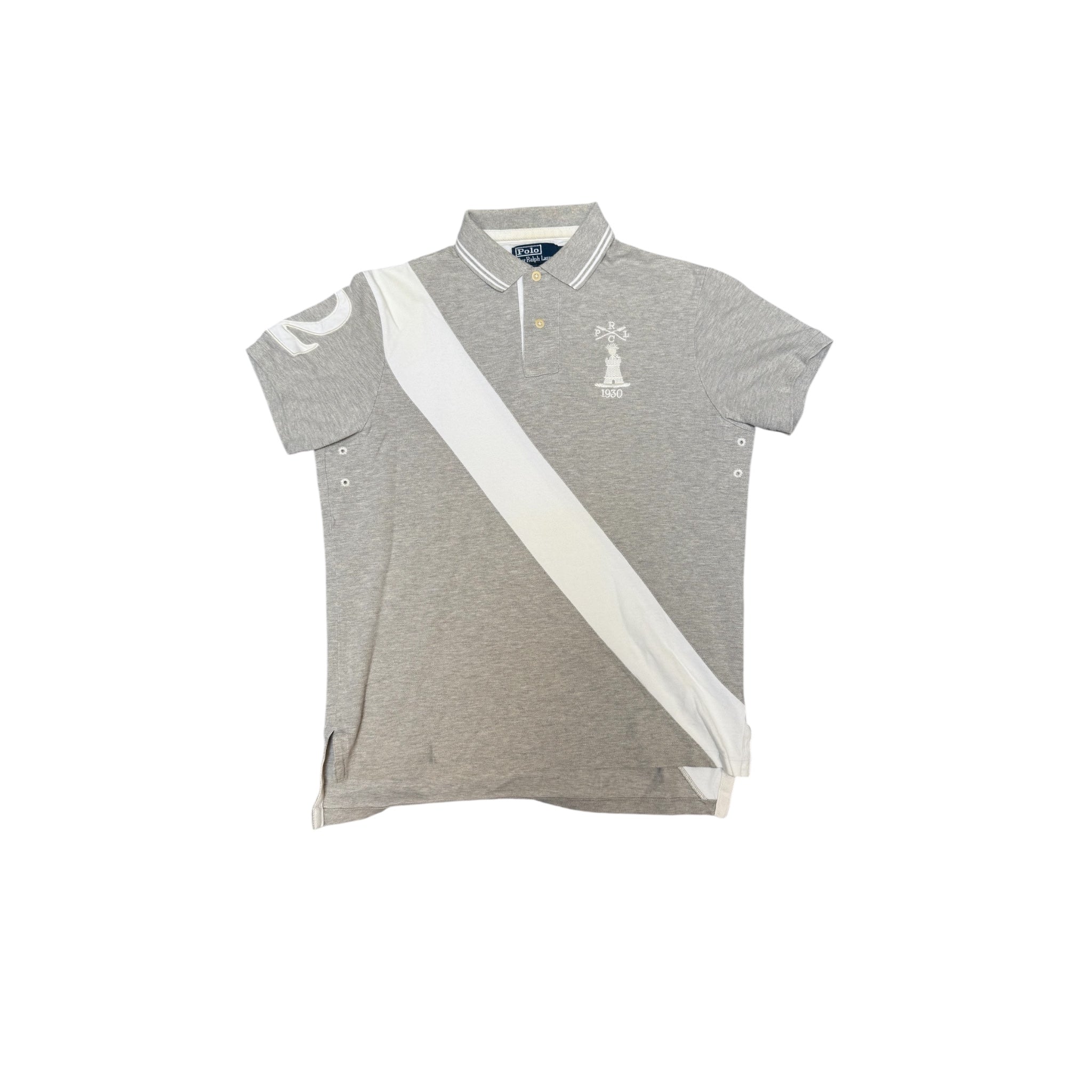 Ralph Lauren Polo Shirt – Grey with White Diagonal Stripe & 1930 Heritage Logo