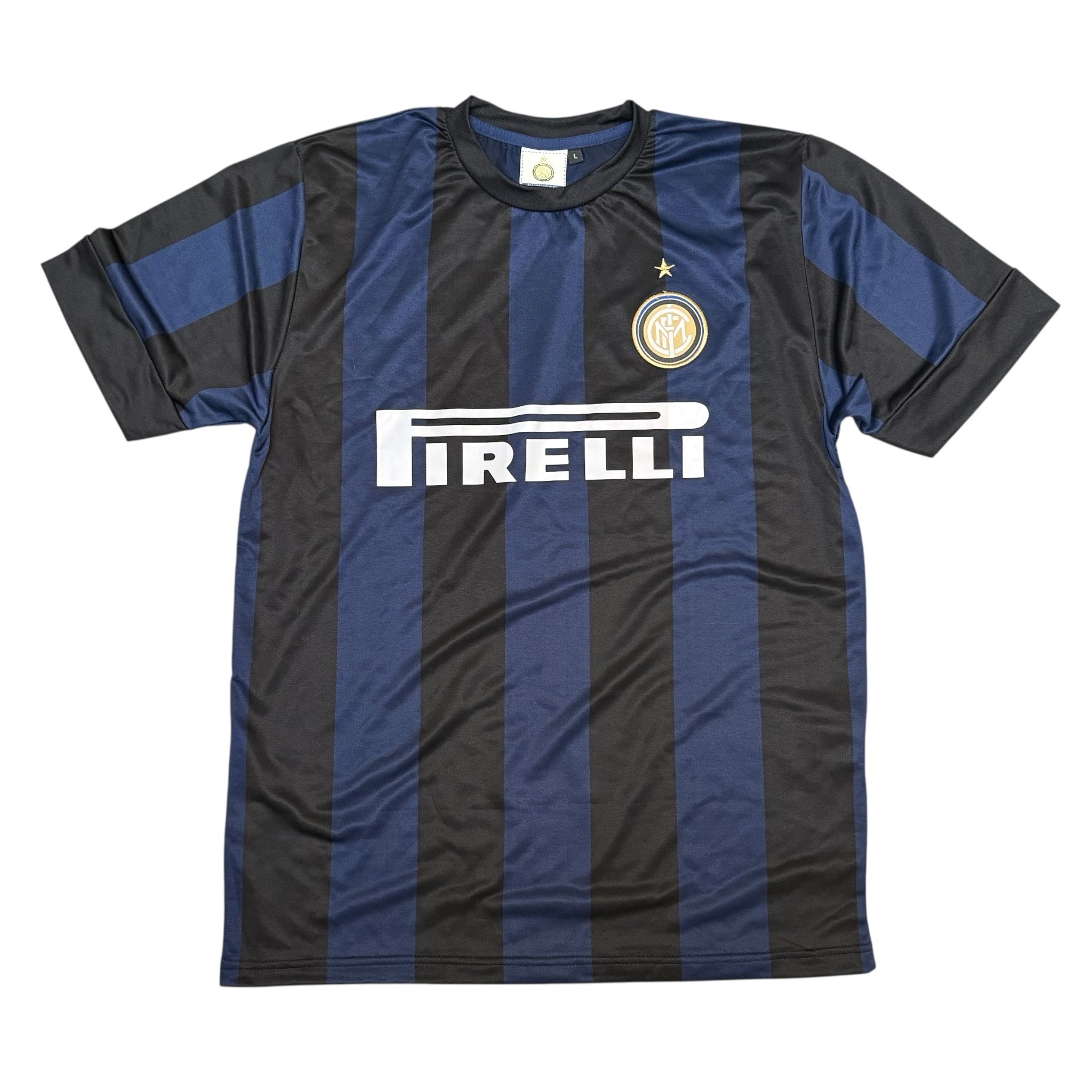 Inter Milan Vintage Jersey – Black & Blue Stripes with Pirelli Sponsor
